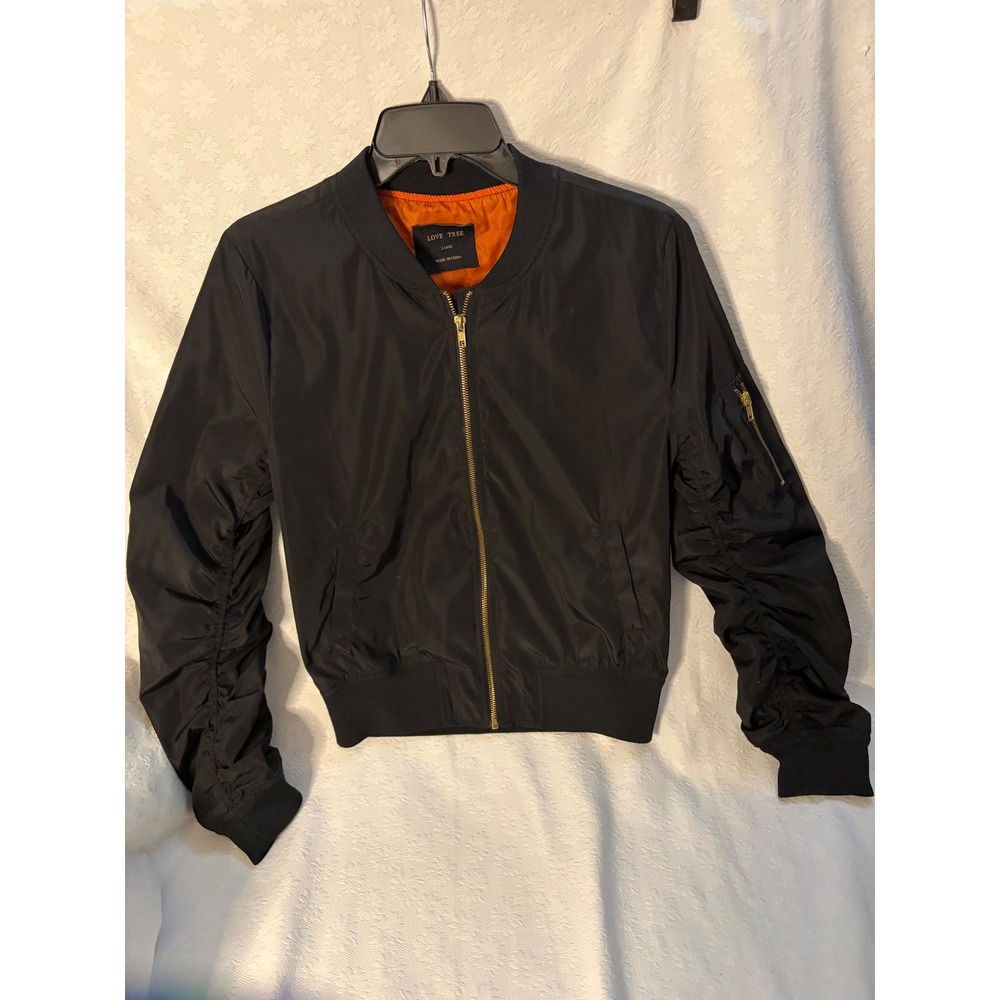Love Tree Minimalist Edgy Y2K BikerWomens Black Ruched SleeveBomberOrange FuZip